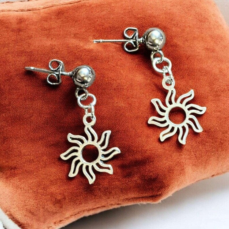 Fiery Sun Charm Drop Stud Earrings-Silver - - LadybugfeetDesigns -