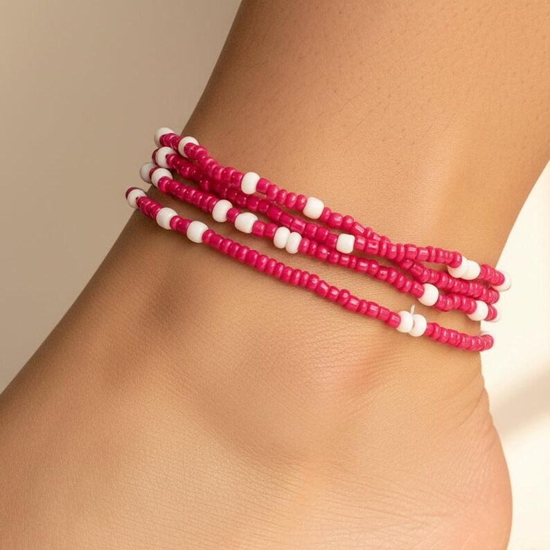 Beaded Stretch Cord Anklet-Fuchsia - - LadybugfeetDesigns -