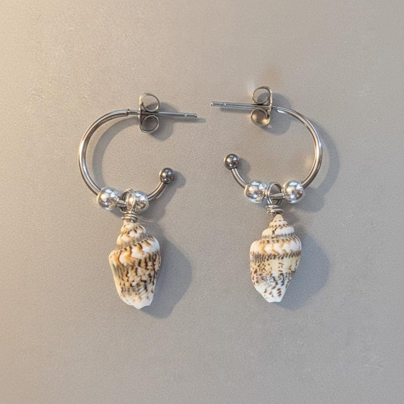 Genuine Conch Shell Hoop Earrings, Silver - 16mm - - LadybugfeetDesigns -