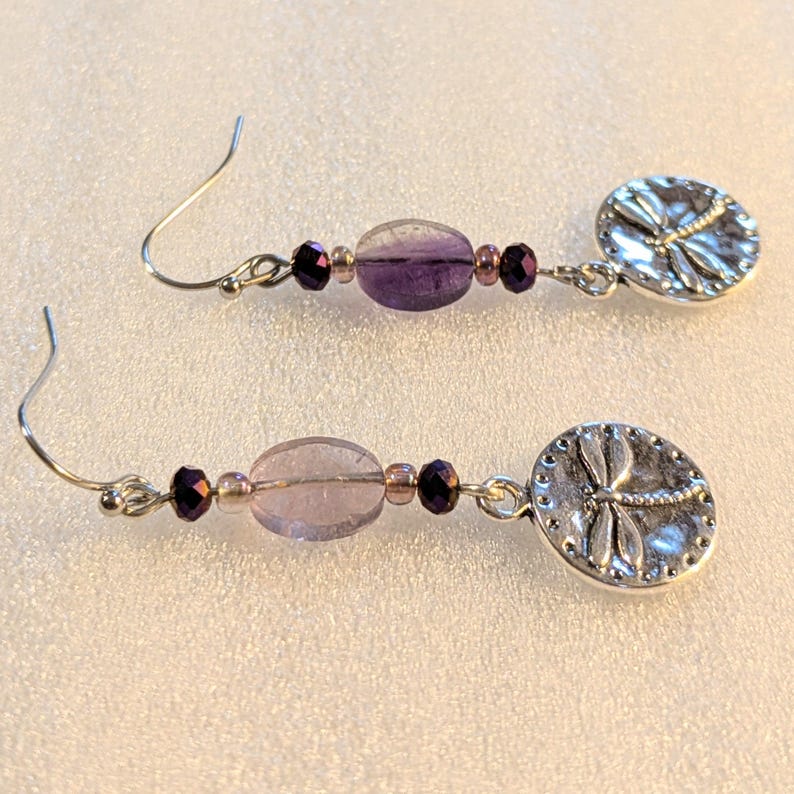Fluorite Dragonfly Beaded Hook Earrings, Silver - - LadybugfeetDesigns -