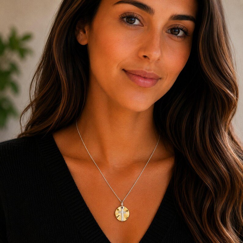 Silver Cross on Gold Two-Tone Necklace, 20 inches - Silver - - LadybugfeetDesigns -