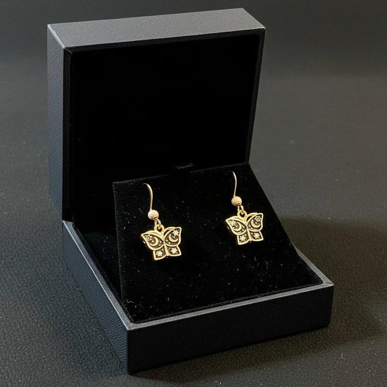 Celestial Butterfly Gold dangle earrings - - LadybugfeetDesigns -