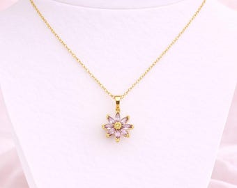 Purple CZ Flower necklace, Gold - 20 inch