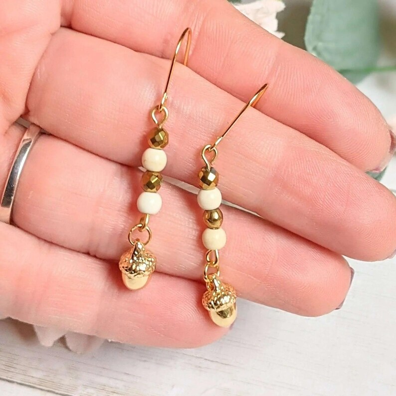 Gold Acorn Stainless Steel gold hook earrings - - LadybugfeetDesigns -