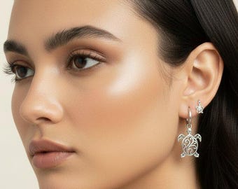 Sea Turtle Hoop Earrings, Silver - 16mm