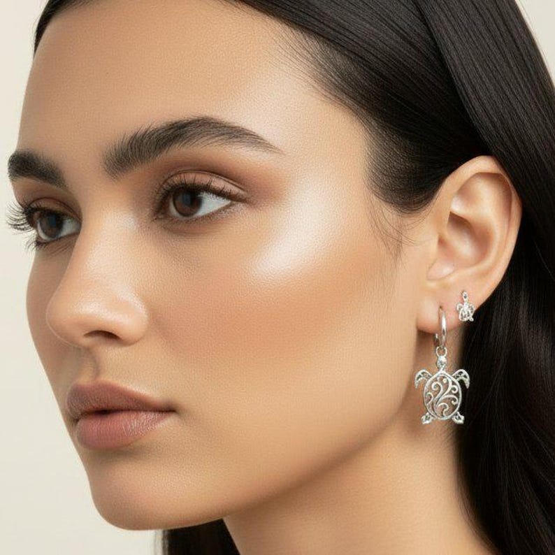 Sea Turtle Hoop Earrings, Silver - 16mm - - LadybugfeetDesigns -
