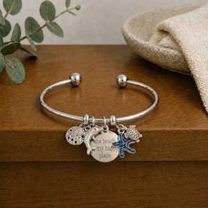 The Beach is My Happy Place Euro Bangle Cuff, Silver - - LadybugfeetDesigns -