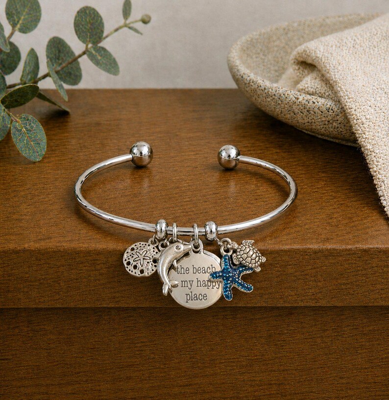The Beach is My Happy Place Euro Bangle Cuff, Silver - - LadybugfeetDesigns -
