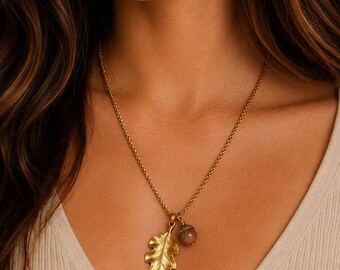 Moonstone Acorn Oak Leaf Necklace, Gold