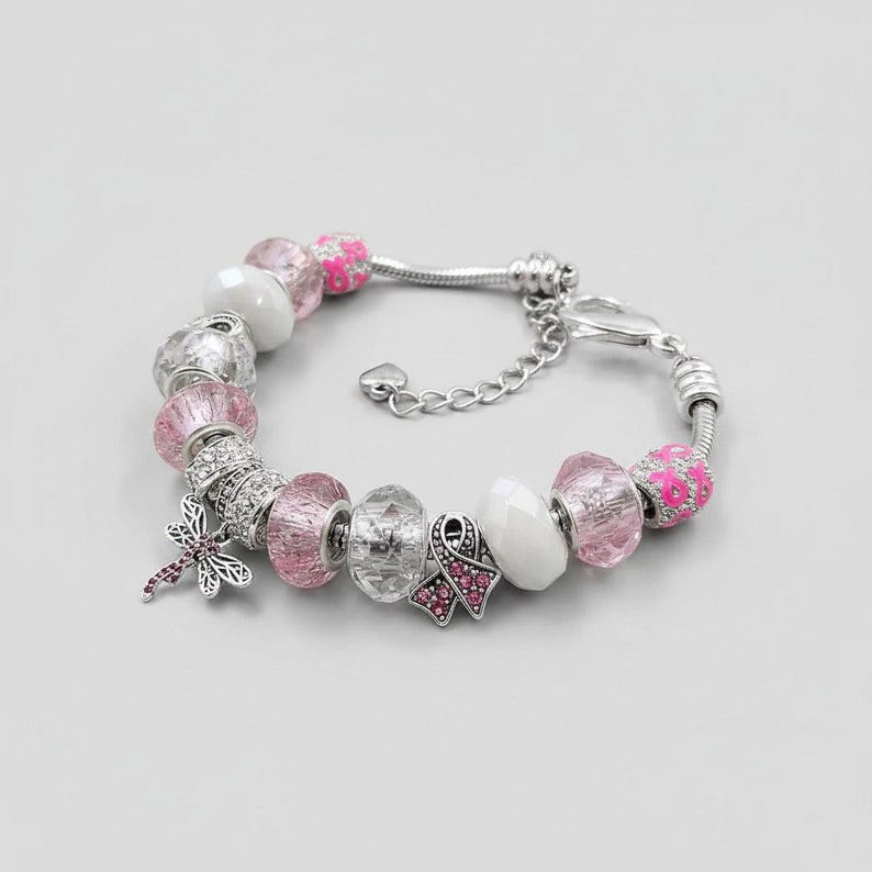 Cancer Awareness European beaded bracelet - Silver - - LadybugfeetDesigns -