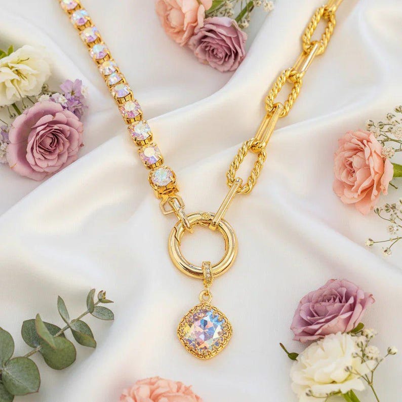 Crystal & Gold Snap Ring Necklace, Gold - 24 inch - - LadybugfeetDesigns -