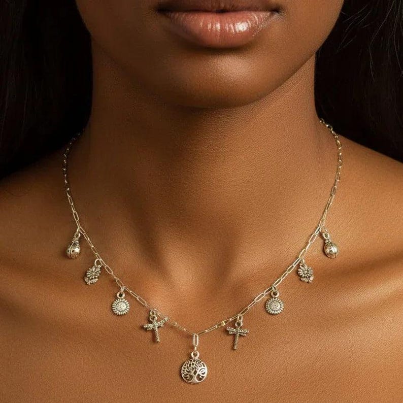 Nature Lover Multi Charm Link Necklace, .925 Sterling Silver - 20 inch - - LadybugfeetDesigns -