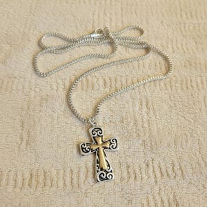 Two Tone Fancy Cross Necklace, Sterling Silver- 24 inches - - LadybugfeetDesigns -