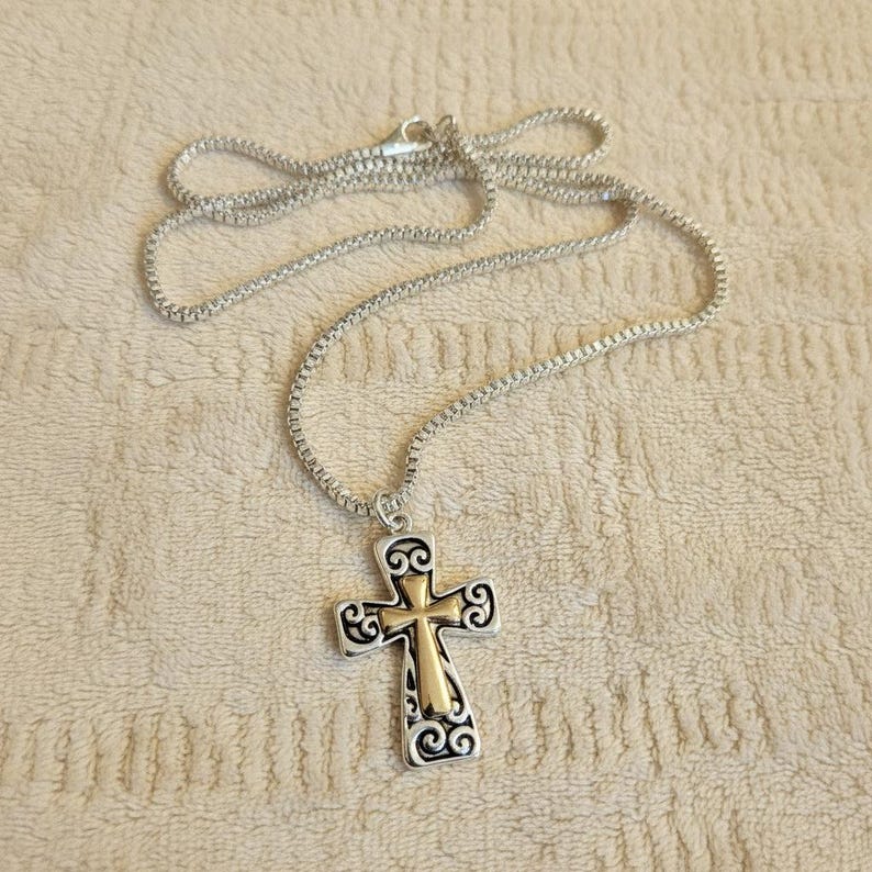 Two Tone Fancy Cross Necklace, Sterling Silver- 24 inches - - LadybugfeetDesigns -