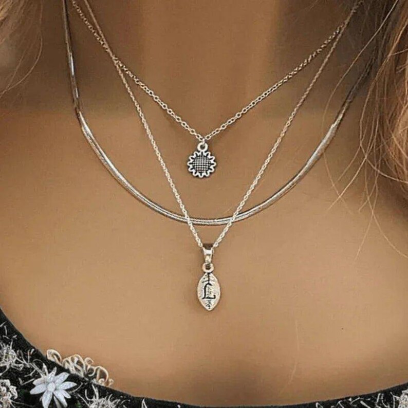 Sunflower Initial Leaf Layered Necklace Set, Silver - - LadybugfeetDesigns -