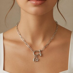 Celestial Moon CZ Star Shackle Clasp Carabiner Necklace, Silver - 20 inch - - LadybugfeetDesigns -