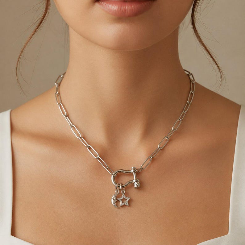 Celestial Moon CZ Star Shackle Clasp Carabiner Necklace, Silver - 20 inch - - LadybugfeetDesigns -