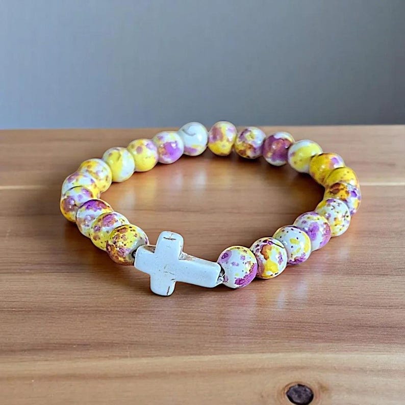 Yellow Fuchsia Beaded Cross Stretch bracelet - - LadybugfeetDesigns -