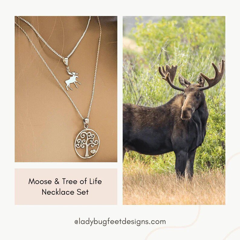 Moose & Tree of Life Necklace Set, Silver - - LadybugfeetDesigns -