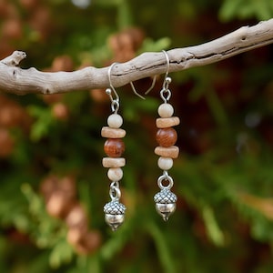 Acorn Beaded Sunstone Hook Earrings, Silver - - LadybugfeetDesigns -