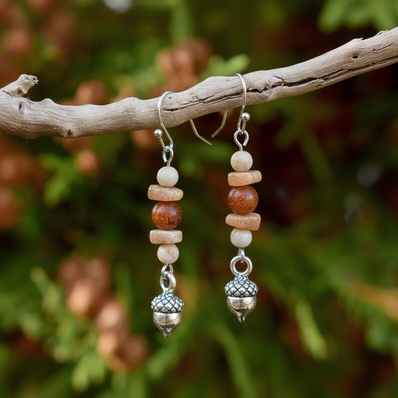 Acorn Beaded Sunstone Hook Earrings, Silver - - LadybugfeetDesigns -