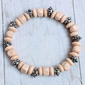 Silver Spacer & Ivory Wood Bead Stretch bracelet - Unisex - - LadybugfeetDesigns -