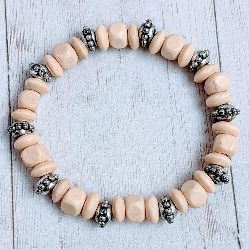 Silver Spacer & Ivory Wood Bead Stretch bracelet - Unisex - - LadybugfeetDesigns -