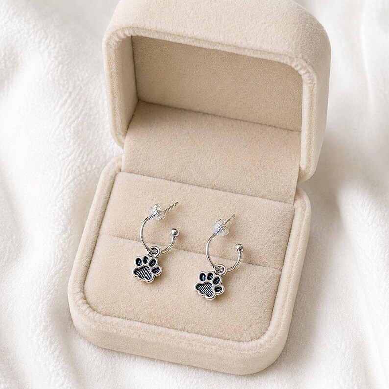 Dog/Cat Paw Mini Hoop Huggie Earrings, Silver- 12mm - - LadybugfeetDesigns -