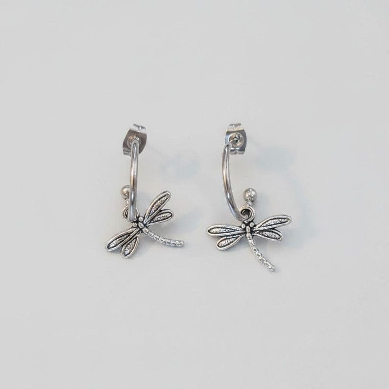 DRAGONFLY Sterling Hoop Earrings, Hoop Drop - - LadybugfeetDesigns -