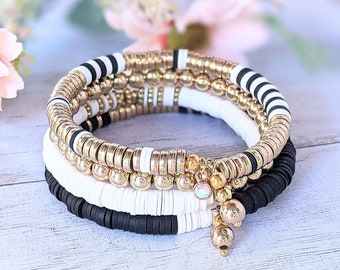 Black White & Gold Heishi Bead Multi Wrap bracelet