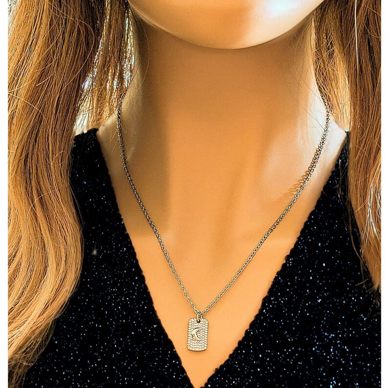 CZ Crescent Moon Tag Necklace, Silver - 20 inch - - LadybugfeetDesigns -