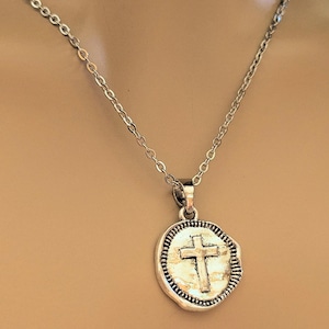 Hammered Cross Coin Necklace- Silver - 20 - 24 inch - - LadybugfeetDesigns -