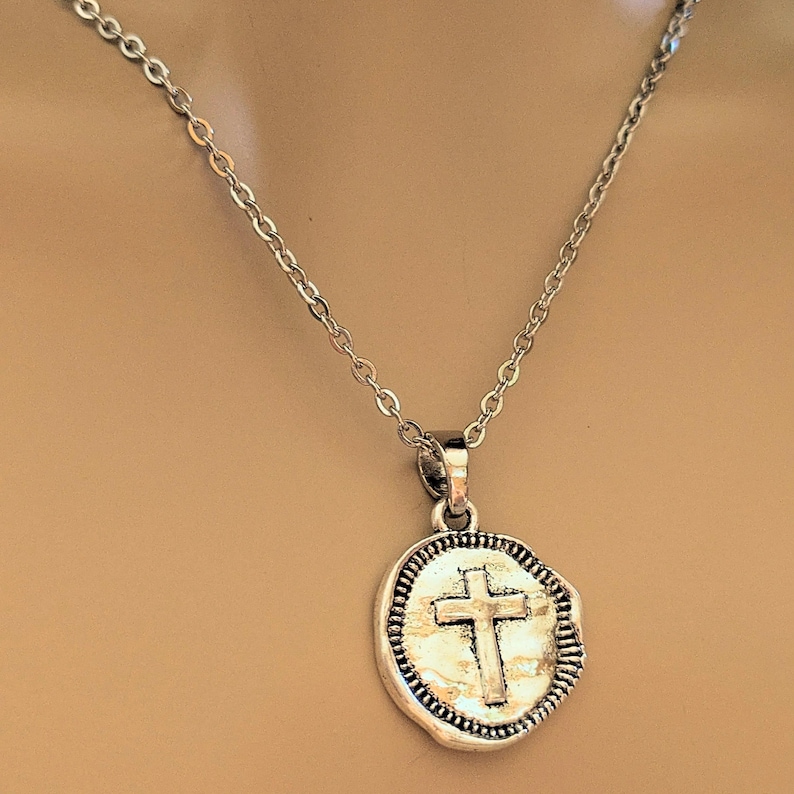 Hammered Cross Coin Necklace- Silver - 20 - 24 inch - - LadybugfeetDesigns -
