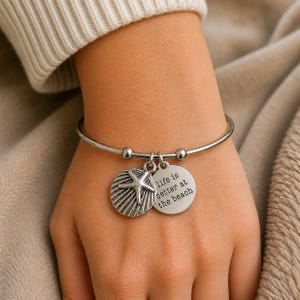 Life is Better at the Beach Euro Bangle Cuff, Silver - - LadybugfeetDesigns -