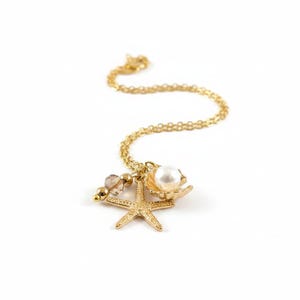 Pearl Clam Shell Starfish Crystal charm necklace and Earring set, Gold - - LadybugfeetDesigns -