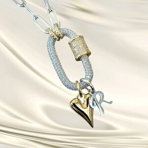 Silver Initial Heart Carabiner Necklace - 20 inch - - LadybugfeetDesigns -