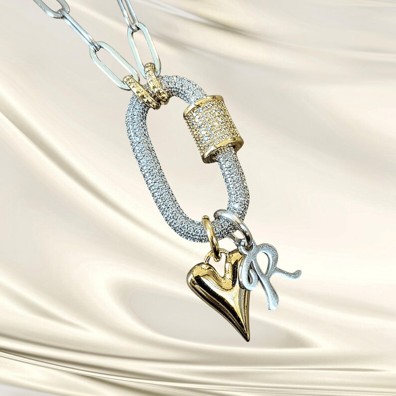 Silver Initial Heart Carabiner Necklace - 20 inch - - LadybugfeetDesigns -