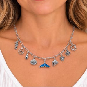 Ocean Lover Multi Charm Link Necklace, Silver - 20 inch - - LadybugfeetDesigns -