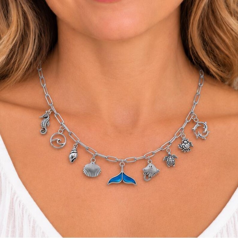 Ocean Lover Multi Charm Link Necklace, Silver - 20 inch - - LadybugfeetDesigns -