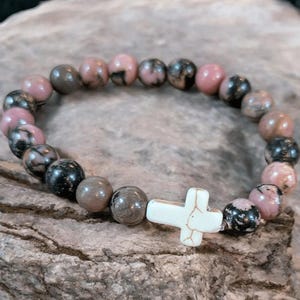 Rhodonite Pink Zebra Beaded Cross Stretch bracelet - - LadybugfeetDesigns -