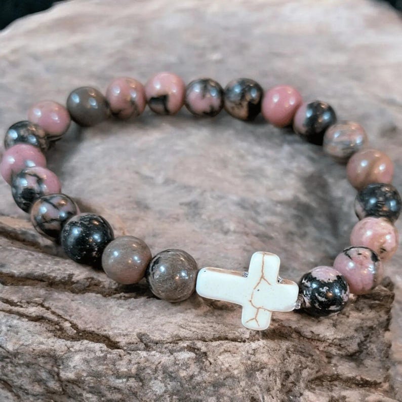 Rhodonite Pink Zebra Beaded Cross Stretch bracelet - - LadybugfeetDesigns -