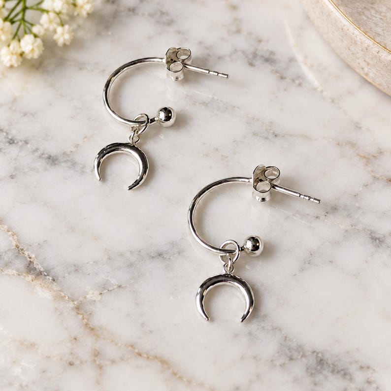 Downward Crescent MoOn Mini Hoop Huggie Earrings, Silver- 12mm - - LadybugfeetDesigns -