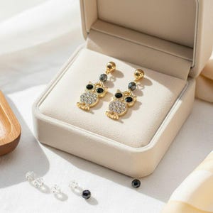 CZ Owl Charm Drop Stud Earrings-Gold - - LadybugfeetDesigns -