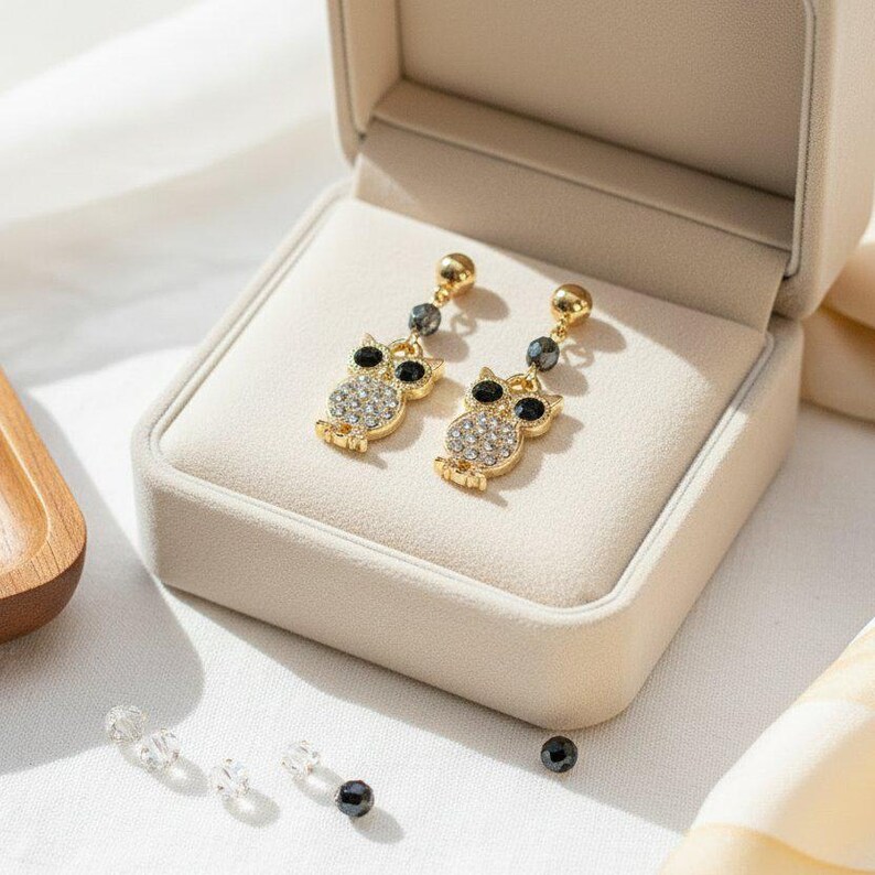 CZ Owl Charm Drop Stud Earrings-Gold - - LadybugfeetDesigns -