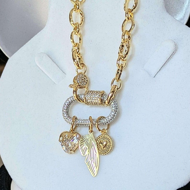 Dragonfly/Fairy Wing, Heart Carabiner Necklace, Gold - Adjusts up to 20 inches - - LadybugfeetDesigns -