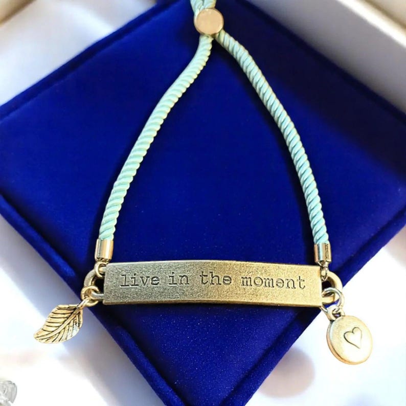 Live in the Moment, Inspirational Quote Twisted rope bolo Bracelet - - LadybugfeetDesigns -