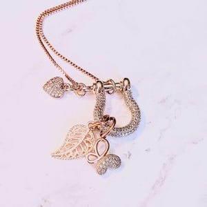 Leaf Butterfly Shackle Clasp Carabiner Charm Necklace, Rose-Gold - Adjustable up to 24 inches - - LadybugfeetDesigns -