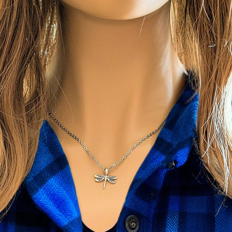 Dragonfly Necklace, Silver - 20 inch - - LadybugfeetDesigns -