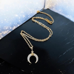 Downward Crescent Moon Necklace, Crescent Horn Necklace, Gold - - LadybugfeetDesigns -