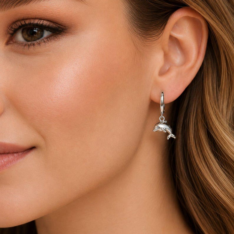 Dolphin Huggie Hoop earrings, Silver - 15mm - - LadybugfeetDesigns -